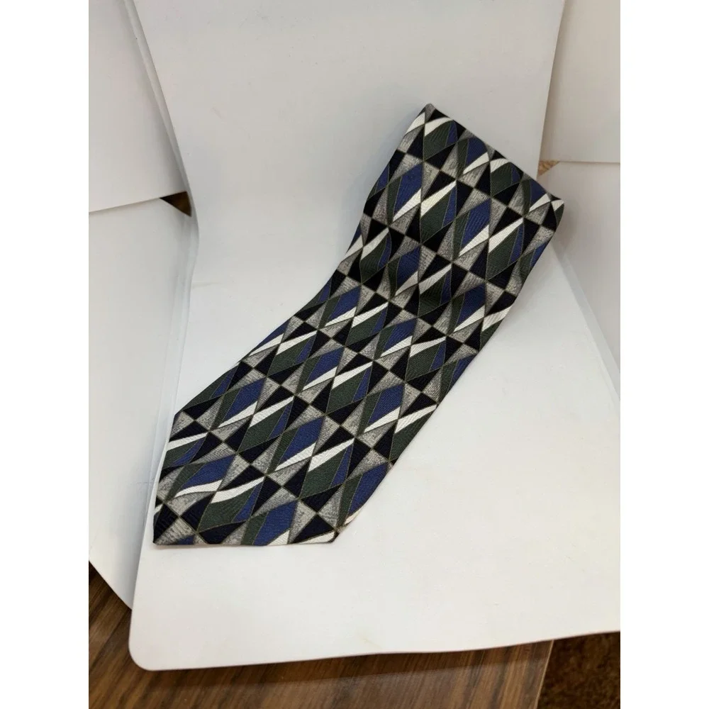 Bachrach Mens Silk Tie Handmade Italy Geometric Diamond Green Blue Grey Wide 4in